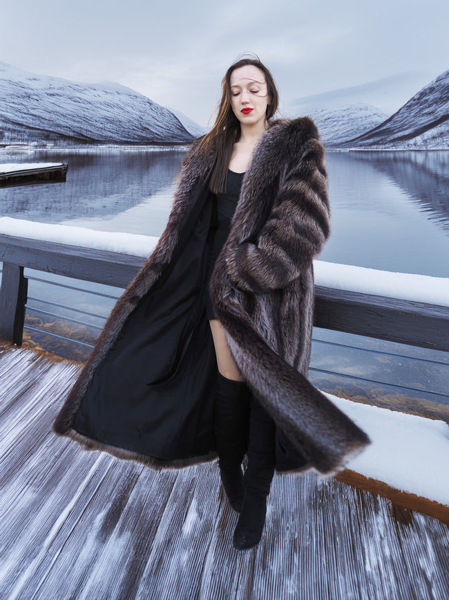 Open Canadian Raccoon Fur Coat - Silver Tips M revealing black inner lining. Chic winter outerwear for cold climates.