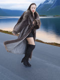High End Canadian Raccoon Fur Coat open to reveal satin lining, styled with black mini dress and boots, elegant winter fashion.