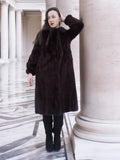 La Galleria vintage mink fur coat in rich mahogany, styled with black boots and satin lining, perfect for luxury outerwear collections.
