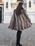 Back view of Two Tone Herring Bone Mink Fur Jacket L/XL 16, showing the wide flare and intricate fur pattern.