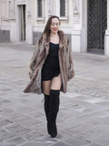 Brand New Two Tone Herring Bone Design Canadian Mink Fur Jacket L/XL 16 styled with a black mini dress and thigh-high boots. Features luxurious brown and beige mink fur with a sapphire collar and satin lining, ideal for winter fashion.