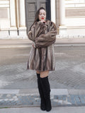 Front view of Two Tone Herring Bone Design Mink Fur Jacket L/XL 16, worn closed for a cozy and stylish winter outfit.