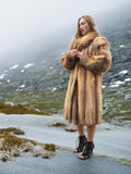 Vintage red fox coat in misty mountain setting