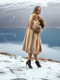 Vintage red fox coat by a tranquil lake