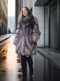 Woman wearing a fur coat standing on a city street.