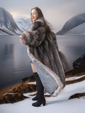 Woman in a fur coat standing in a snowy landscape with mountains and water.