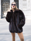 Unisex Dark Mahogany Mink Fur Bomber Jacket Coat M/L styled with sunglasses and red lipstick, showcasing luxurious natural fur texture.