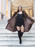 Model on marble stairs wearing Brand New Luxurious Demi Buff Swing Canadian Mink Fur Coat L/XL, showcasing inner lining and fit.
