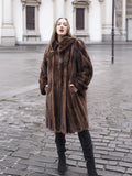 Pre-owned dark mahogany mink fur coat with classic collar and pockets, perfect for medium-sized women seeking timeless fashion.