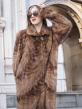 Espresso Mink Long Coat - Regal Swing with a buttoned collar, highlighting rich espresso tones and natural fur texture in close-up view.