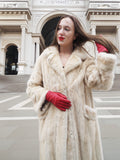 Vintage Beige Pearl Mink Fur Coat S/M with red gloves in front of grand steps. Luxurious outerwear for classic winter fashion.