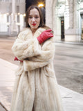 Beige Mink Fur Coat - Vintage Luxury with red gloves at night. Medium size fur coat for timeless winter elegance.