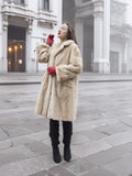 Vintage Beige Pearl Mink Fur Coat S/M styled with red gloves. Classic mink coat for elegant winter streetwear.