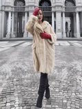 Beige Mink Fur Coat - Vintage Luxury with red gloves in front of classic architecture. Medium size coat for timeless elegance.