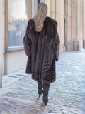 Back view of mahogany mink swing coat XL/XXL showing plush fur and flared hem. Real fur coat for luxury winter styling.