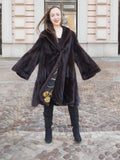 Mahogany Mink Swing Coat with Baroque Lining in XL/XXL, featuring wide bell sleeves and luxurious fur texture, ideal for elegant winter fashion.