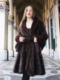 Front view of mahogany mink coat XL/XXL with rich texture and gold baroque lining peeking through. Premium fur coat for elegant winter styling.