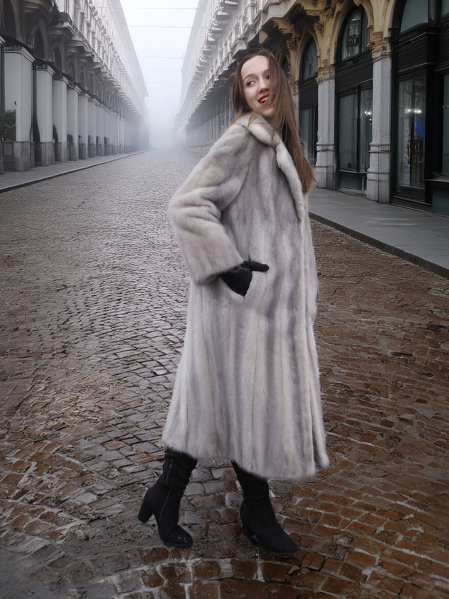 Sapphire Grey Mink Fur Coat S/M Excellent in motion. Vintage-inspired fur outerwear with soft pastel tones and luxurious craftsmanship.