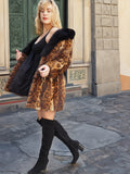 Leopard Print Nutria Fur Coat With Black Fox Collar S