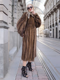 Elegant woman in luxurious vintage Canadian brown mink fur coat with silk lining, walking on city street.