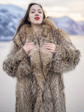 Close-up of Finnish Raccoon Fur Coat with rich brown fur and large collar, showcasing luxurious texture and sustainable winter fashion.