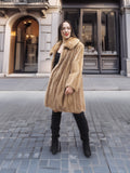 Golden Reverie M - Open blond mink coat styled with black mini dress and boots, perfect for luxury winter layering.