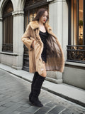 Golden Reverie M - Vintage blond mink coat with gold buttons and high collar, styled for luxury outerwear appeal.