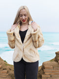 Reversible Versatile Sheared Mink Fur Jacket Coat S in soft beige mink, worn open over black top, styled by ocean cliffs.