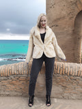 Reversible Versatile Sheared Mink Fur Jacket Coat S in natural mink fur, worn with black heels, styled on a scenic coastal terrace.