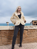 Reversible Versatile Sheared Mink Fur Jacket Coat S in soft fur texture, styled with dark jeans, posed near historic ruins and sea.