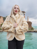 Reversible Versatile Sheared Mink Fur Jacket Coat S in creamy mink fur, styled by turquoise water and ancient columns.