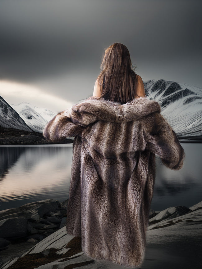 Person wearing a fur coat standing in front of a mountainous landscape with a lake.