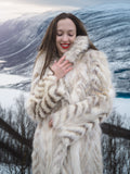 Model smiling in Two Tone Fox Coat Size XS/S with thick shawl collar and chevron fur, ideal for luxurious winter fashion.