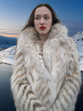 Close-up of model in Two Tone Fox Coat Size XS/S with thick shawl collar and chevron fur, ideal for upscale cold-weather fashion.