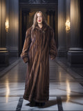 Woman wearing a long brown fur coat in an elegant interior setting