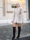 Brown Cross Mink Fur Coat Jacket S with Blush Fox Trim styled with black boots, perfect for upscale winter fashion and outerwear collections.
