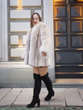 Brown Cross Mink Fur Coat Jacket S with Blush Fox Trim worn casually with boots, ideal for luxury streetwear and cold-weather fashion.