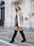 Walking model in Brown Cross Mink Fur Coat Jacket S with Blush Fox Trim, styled with thigh-high boots for a modern luxury streetwear look.
