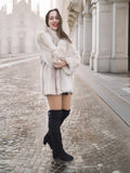 Model posing in Brown Cross Mink Fur Coat Jacket S with Blush Fox Trim, emphasizing its plush feel and stylish fit for luxury outerwear collections.