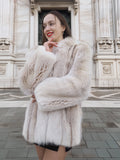 Smiling model in Brown Cross Mink Fur Coat Jacket S with Blush Fox Trim, featuring soft natural fur and elegant tailoring for chic winter styling.