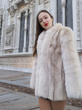 Close-up of Brown Cross Mink Fur Coat Jacket S with Blush Fox Trim showing detailed fur texture and structured shoulders for a refined winter look.