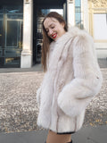 Side profile of Brown Cross Mink Fur Coat Jacket S with Blush Fox Trim highlighting rich mink texture and cozy fit, ideal for upscale winter looks.