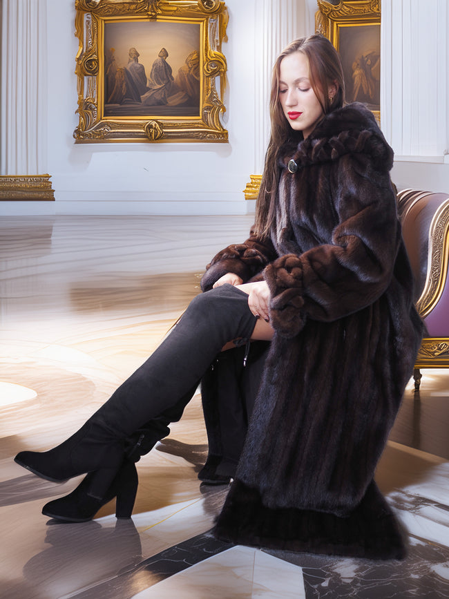 Woman in a fur coat sitting in an elegant room with classical paintings.