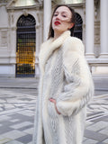The Chevron Heiress - Pearl & Sapphire Herringbone Mink Coat in Full-Length Drama S