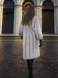 Back view of Sapphire Grey Mink Fur Coat S Petit Excellent, emphasizing its full-length cut and elegant fur craftsmanship.