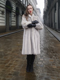 Sapphire Grey Mink Fur Coat S Petit Excellent worn on a misty cobblestone street, ideal for cold-weather luxury outerwear styling.