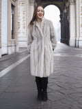 Front view of Sapphire Grey Mink Fur Coat S Petit Excellent, styled with black boots for a chic winter outerwear look.
