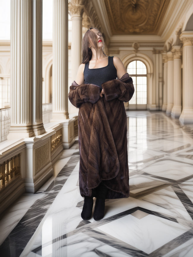Woman wearing a long brown fur coat in an elegant interior setting