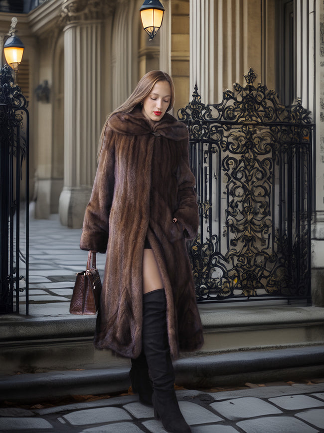 Woman in a fur coat standing in front of an ornate gate.