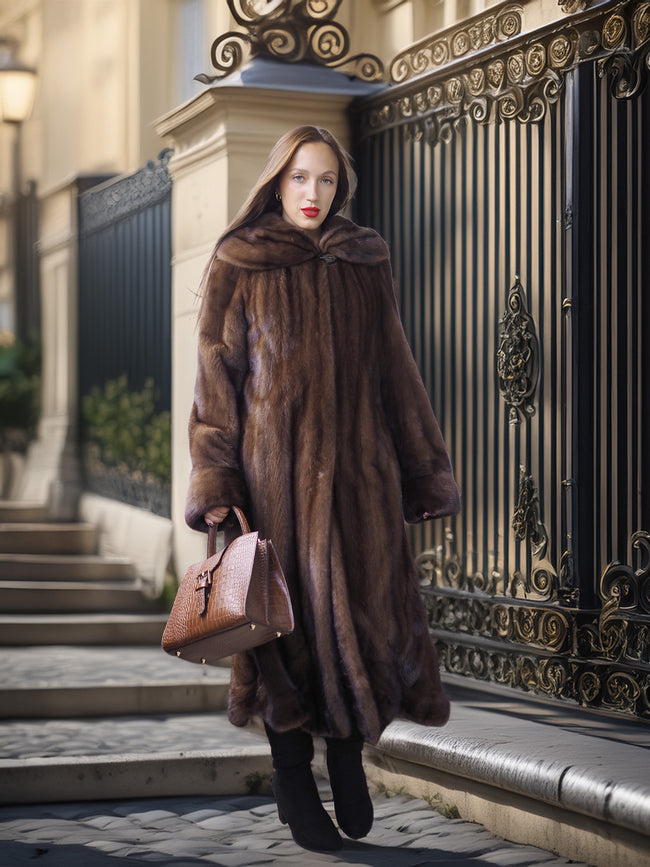 Woman in a long brown fur coat standing in front of an ornate metal gate.